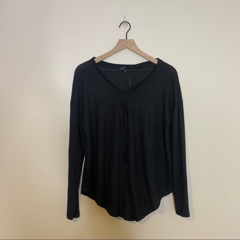 NWT Gibson Black Thermal Waffle Knit Tie Front Button Down Top XS - Picture 2 of 11